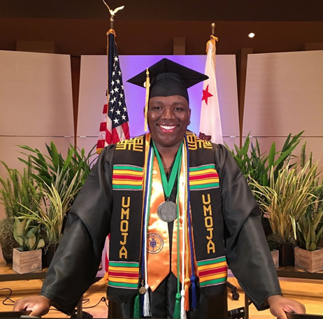 Emanuel Prince, MiraCosta College Associated Student Government vice president of Diversity, Equity and Inclusion. Prince, shown here in full regalia in preparation as the 2021 commencement speaker.