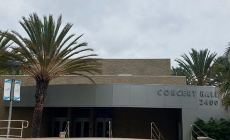 The Concert Hall building entrance, located on MCC’s Oceanside campus, is where the Frequency Vocal Jazz program performed on Oct. 22. During the COVID-19 pandemic, the steps of the Concert Hall have been a place for MCC music students to resume in-person practice sessions.